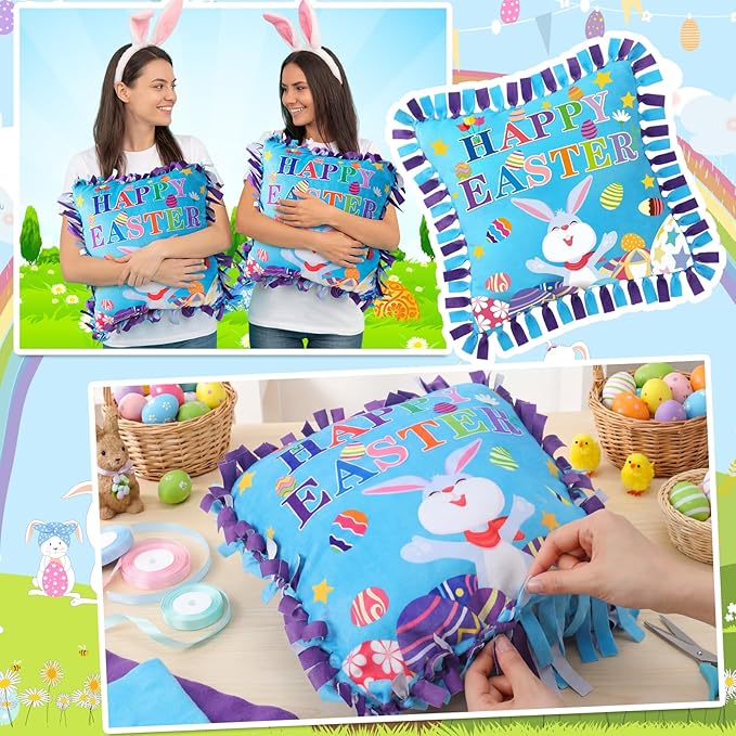 Mindsoft 6 Sets Easter Bunny Fleece Tied Pillow Craft Kits – DIY Easter Decor, No Sewing Required, Colorful Rabbit & Egg Design, Home Activity, Gift for Spring Party