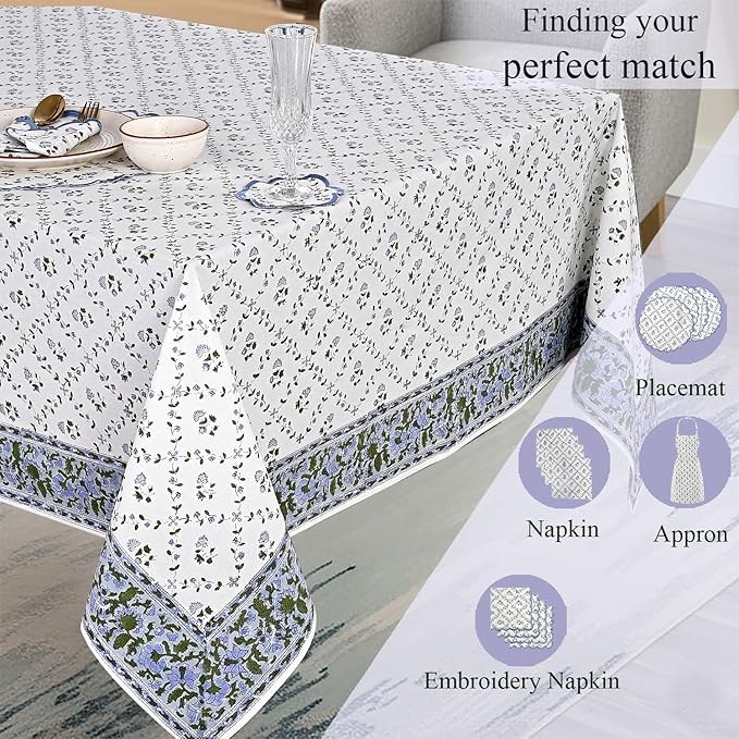 Ridhi Hand Block Print Powder Blue Rectangle Cotton Tablecloth 118" x 70" Reusable Table Cover Decorative Everyday Use for Dining, Farmhouse, Home Gift for Spring, Easter, Valentine