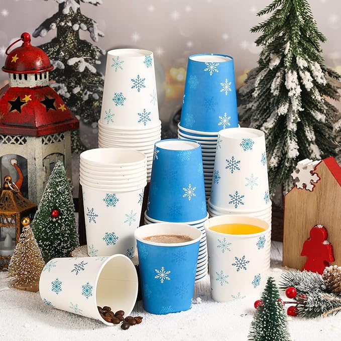 Funtery 100 Pieces Christmas Paper Cups Xmas Disposable Coffee Snowflake Santa Snowman Elk Lights Cups 9 Ounce Drinking Tea Paper for Daily Use Holiday (Snowflake Style)