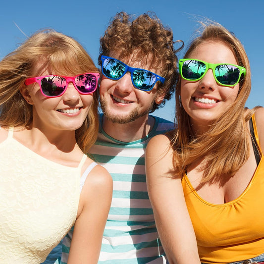 SUNOVELTIES 12/24 Pack Neon Party Sunglasses Mirrored/Jelly Lens Bulk Glasses Horn Rimmed Eyewear for Men Women