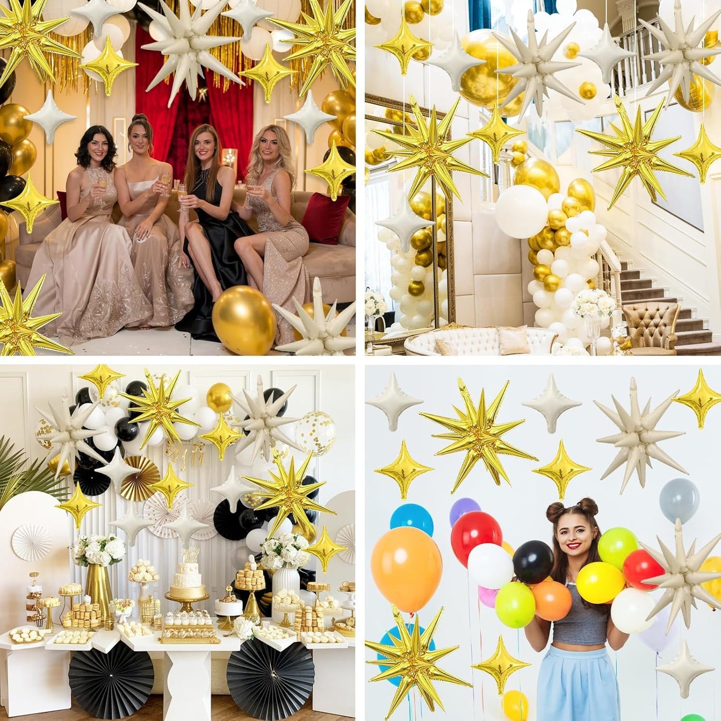 Sand White Gold Star Balloon,Gold Cream White 6Pcs 22Inch Explosion Star Balloons and 10Pcs 10Inch Four Angle Balloons Kit for Birthday Anniversary Baby Shower Wedding Party Decorations