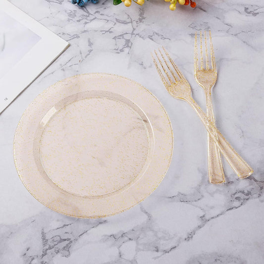 Goodluck 120PCS 7" Gold Glitter Dessert Plastic Plates with 7.4" Forks, Gold Appetizer Plates for 60 Guests, Including 60 Disposable Cake Plastic Plates and 60 Forks for Wedding/Birthday Party