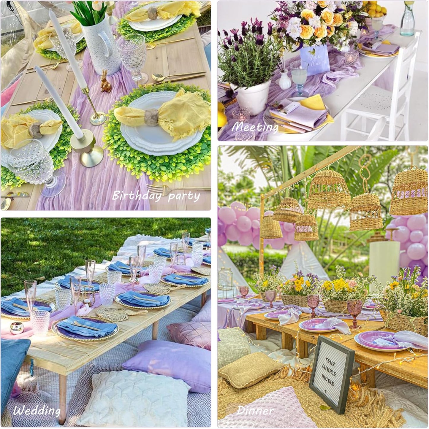 12 Pack Boho Gauze Table Runner - 35x72 Inch Rustic Cheese Cloth Long Runner for Wedding, Bridal Shower, Birthday Party Decor (Light Purple)