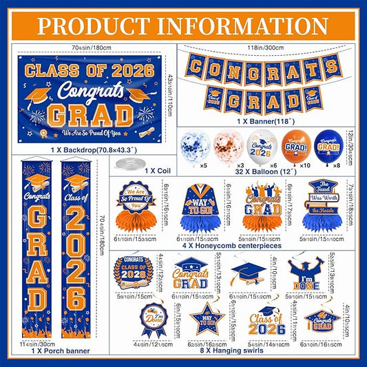 Graduation Decorations Class of 2026 Blue and Orange Graduation Party Decor Set include Congrats Grad Banner Backdrop Class of 2026 Balloons Party Supplies