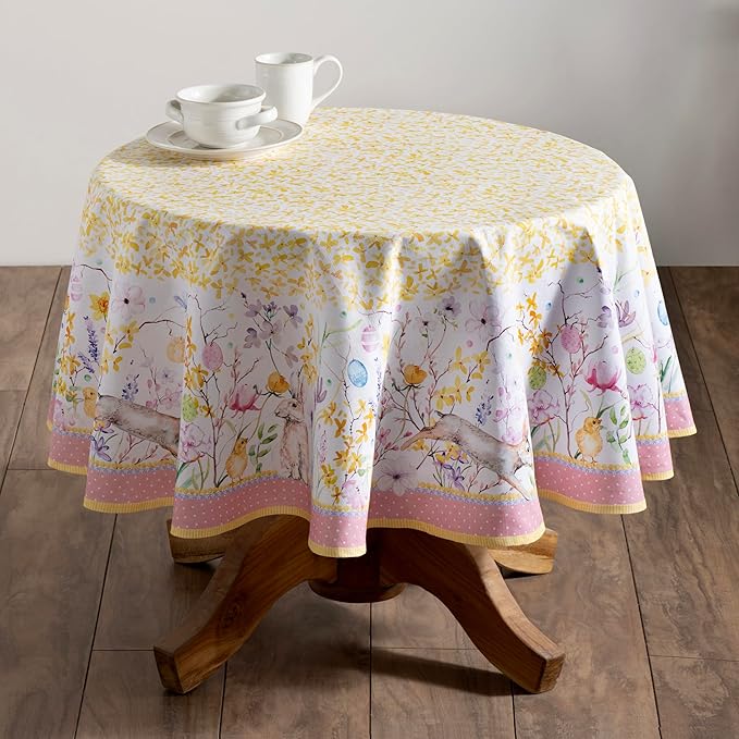 Maison d' Hermine Table Cloth Round Table 100% Cotton 63 Round Inches Tablecloth Reusable Decorative for Dining Room Farmhouse Home Valentines Day Decorations Spring Summer - Easter Zest