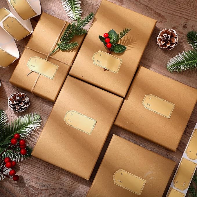 600 Pcs Gift Tag Stickers, 4 Styles Natural Kraft to and from Gift Tag Stickers 1.18"X2.36" Self Adhesive Christmas Labels Holiday Present Labels, 300 Pcs/Roll