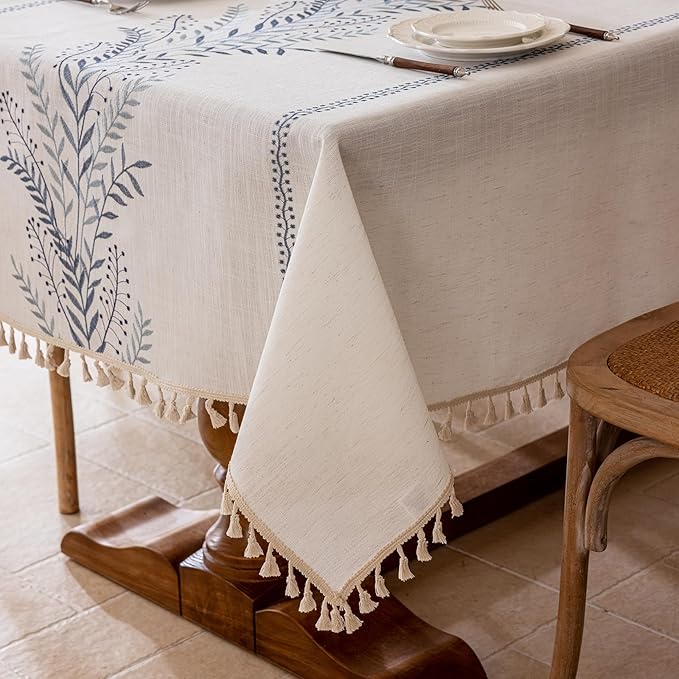 Joyfol Day Rustic Waterproof Linen Tablecloth, Heavy Weight Fern Embroidery Table Cloths for Rectangle Tables, Farmhouse Spill-Proof Table Covers with Tassels, Blue 55''x 86''
