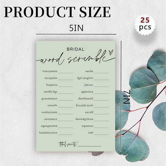 Bridal Shower Games, Bridal Word Scramble, 25Pcs Minimalist Sage Green Bridal Game Cards with 1 Answer Card, Wedding Shower Games for Guests, Engagement Bachelorette Party Supplies