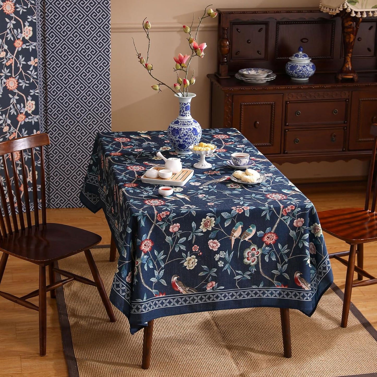 patdrea Designer Vintage Dark Blue Linen Rectangular Tablecloth,Navy French Floral and Birds Pattern Table Cloth,Decoration Table Cover for Kitchen,Dining,Tea Party,Home,Christmas,63"*94"