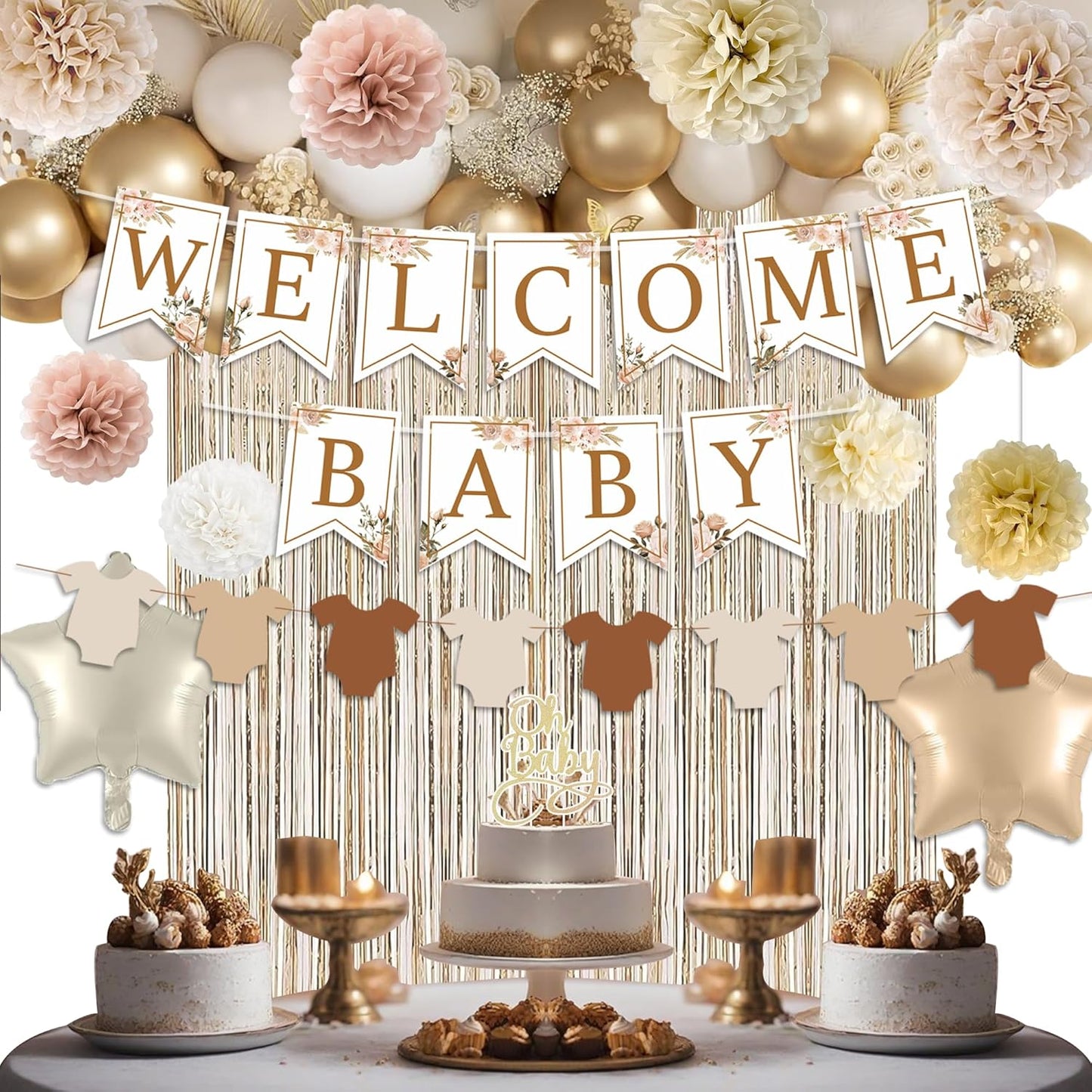 Champagne Baby Shower Decorations- Boho Baby Shower Decor Set with- Welcome Baby Banner, Clothes Banner, Cake Topper, Tissue Pom Poms, Beige Gold Balloons | Neutral Baby Boy Girl Shower Decorations