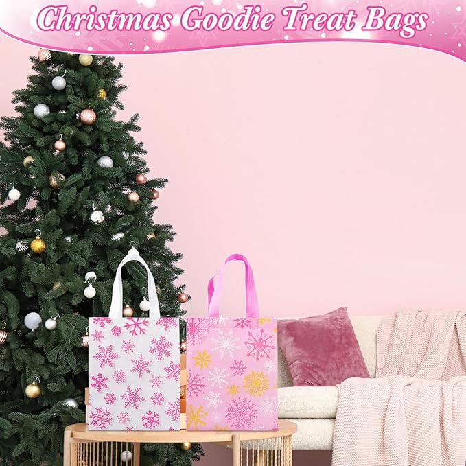 Wovnet 30 Pcs Christmas Bags Bulk Pink Snowflake Winter Merchandise Gift Bags with Handles Reusable Non Woven Tote Shopping Goodie Pouch for Xmas Party Favors 10 x 8 x 4in