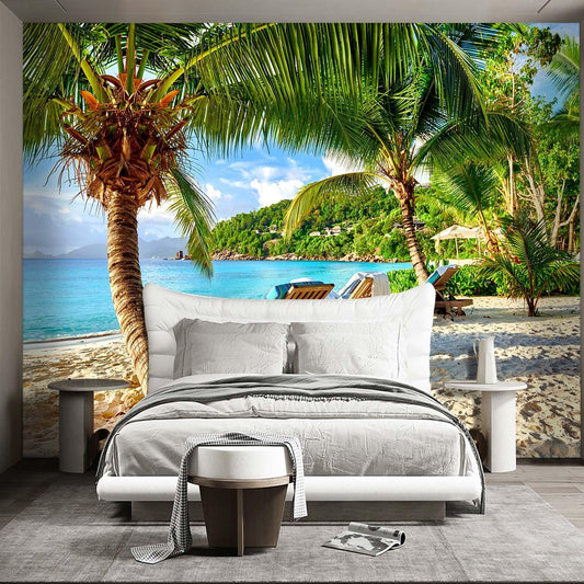 Classy Beach Backdrop Wallpaper for Bedroom Palm Tree Large Wall Mural Living Room Beach Scene Adhesive Fabric Decor - 160"x108"(Not Peel and Stick)