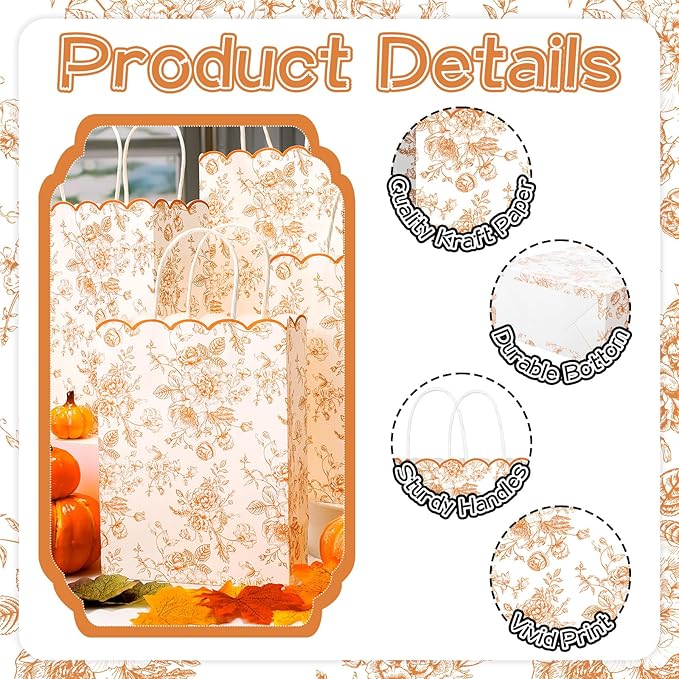 Kolldenn 24 Pcs Fall Floral Gift Bags with Handles Fall Party Favor Candy Treat Goodie Bags Scalloped for Birthday Decoration for Bridal Baby Shower Party Supplies