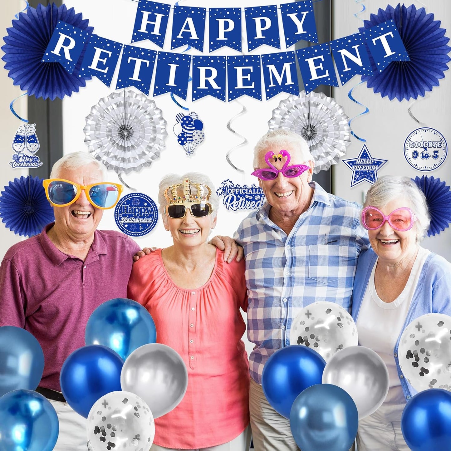 Holkcog Blue Retirement Party Decorations for Women, Silver Blue Happy Retired Banner Backdrop Paper Fan Hanging Swirls for Coworker, I'm Retired Cake Top & Honeycomb Set, Great for Retiring Women