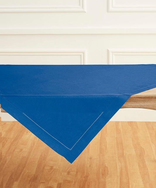 Solino Home Linen Square Tablecloth 52 x 52 Inch - 100% Pure Linen Indigo Blue Table Throw - Classic Hemstitch, Machine Washable Table Cloth for Fall, Autumn, Christmas