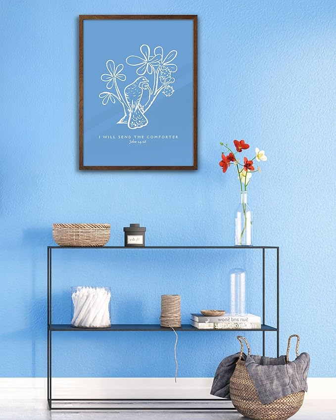 EcoHest Walnut Color OAK Wood Jesus Framed Wall Art, 12x16in John 14:16 I Will Send The Comforter Bible Verse Christian Wall Art, Blue Bedroom Decor For Living Room Bathroom Christian Gift 1Pack