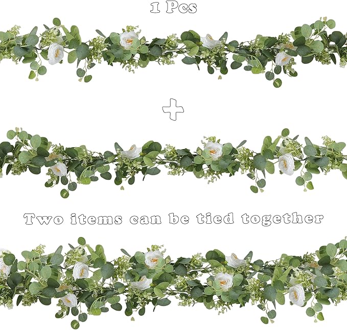 Artificial Eucalyptus Garland with Flowers White Roses 2PCS 11.8FT Faux Greenery Garland Fake Eucalyptus Leaves for Wedding Arch Farmhouse Mantle Table Runner Decor Centerpiece Home Party Decor