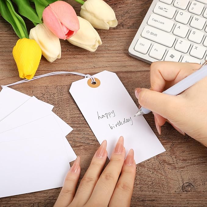 Prudiut 200pack White 4.72x 2.36inches Paper Tags with Elastic String, Reinforced Hole, for Christmas Gifts, Inventory, Writable, Gift Tags, Hang Tags