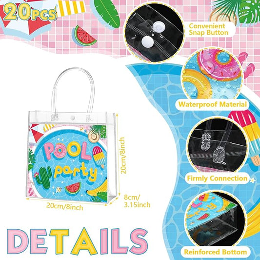 Aliceset 20 Pcs Pool Party Clear Favor Bags with Handles Swimming Themed Waterproof Goodie Bags for Pool Swimming Summer Party Birthday Baby Shower Supplies, 8 x 8 x 3. 15 Inch