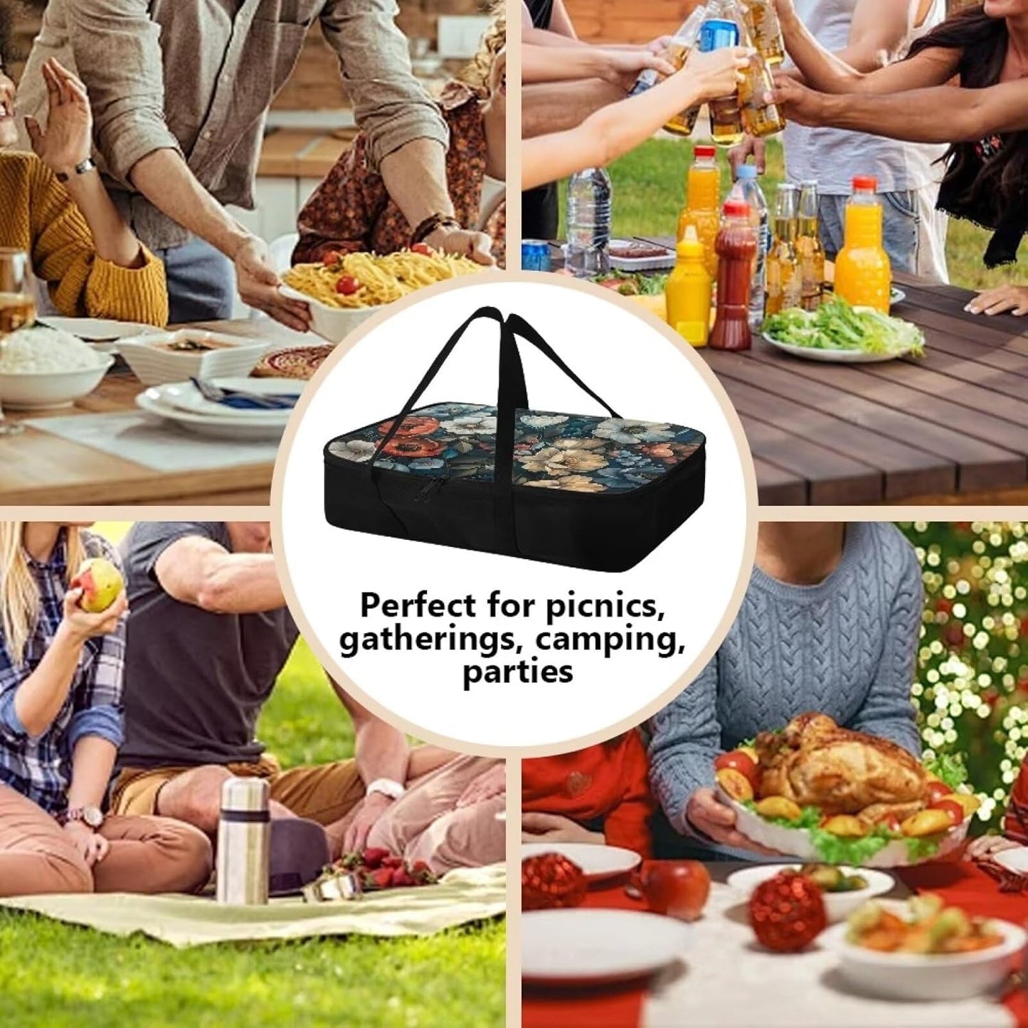 Floral Pattern Insulated Casserole Carrier for Hot or Cold Food, 16.5 x 12.6 x 4.5 inches, Zipper Closure, Unisex, Perfect for Picnic, Travel, Beach