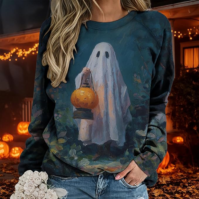 Sweatshirts for Women Graphic Print Casual Pullover Tops Long Sleeve Crewneck Halloween T Shirts
