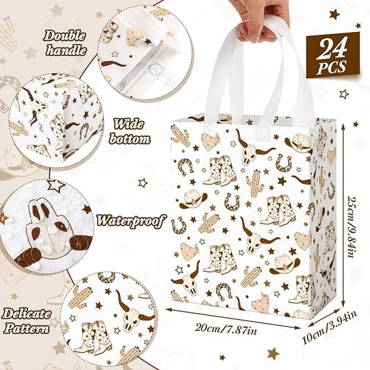 Supervitae 24 Pack Brown Cowboy Gift Bags Medium Western Cowboy Theme Party Decoration Supplies Reusable Non Woven Totes for Rodeo Birthday Themed Supplies Favor(9.8" x 7.9" x 3.9")