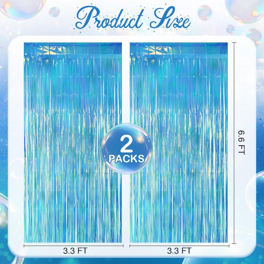 2 Pack Blue Iridescent Streamers Backdrop, 3.3x6.6ft Foil Fringe Curtains Holographic Door Tinsel Streamers for Birthday, Wedding, Holiday, Bachelorette, Christmas, Winter Theme Party Decorations