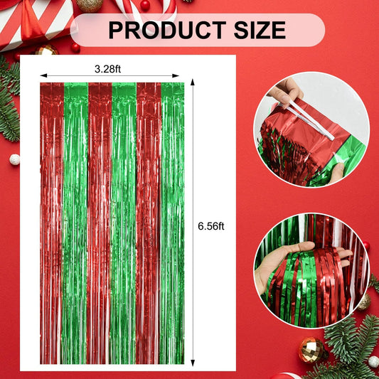 TONIFUL 3Pcs Red Green Door Streamers,Red GreenPhoto Booth Backdrop Metallic Streamers Foil Fringe Curtains for Birthday,Christmas,New Year,Bachelorette,Grad Party Streamers Decor(9.9ft x 6.6ft)