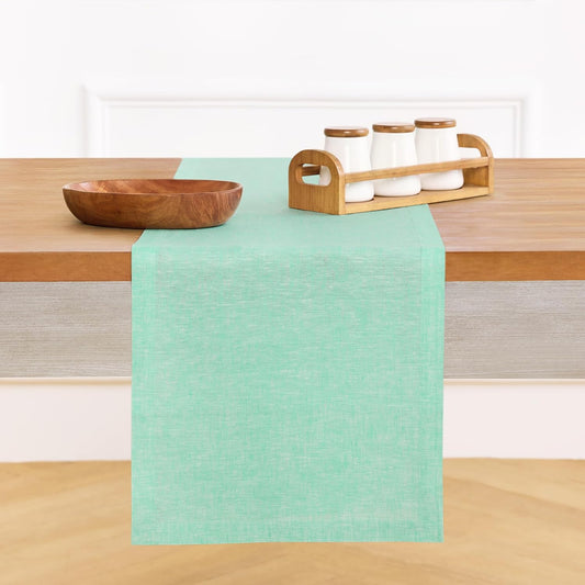 Solino Home Linen Table Runner 108 Inches Long - Athena, 100% Pure Linen Chambray Aqua Dining Table Runner 14 x 108 Inch