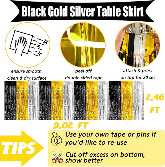 6 Pack 29x108 Inch 2024 New Year Metallic Foil Fringe Table Skirts Banner for Tinsel Streamer Garland Curtains Backdrop for Notorious One Birthday Roaring 20s Graduation Party Decorations