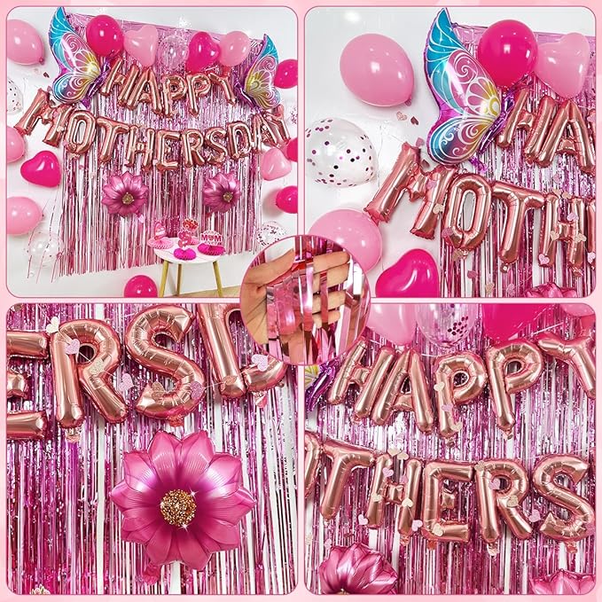 Mothers Day Decorations,63PCS Happy Mothers Day Balloons and Flower Heart Balloons,Fringe Curtains,Best Mom Ever Honeycomb Centerpieces for Girls Women Mom Party Supplies Celebrating Ladies Decor