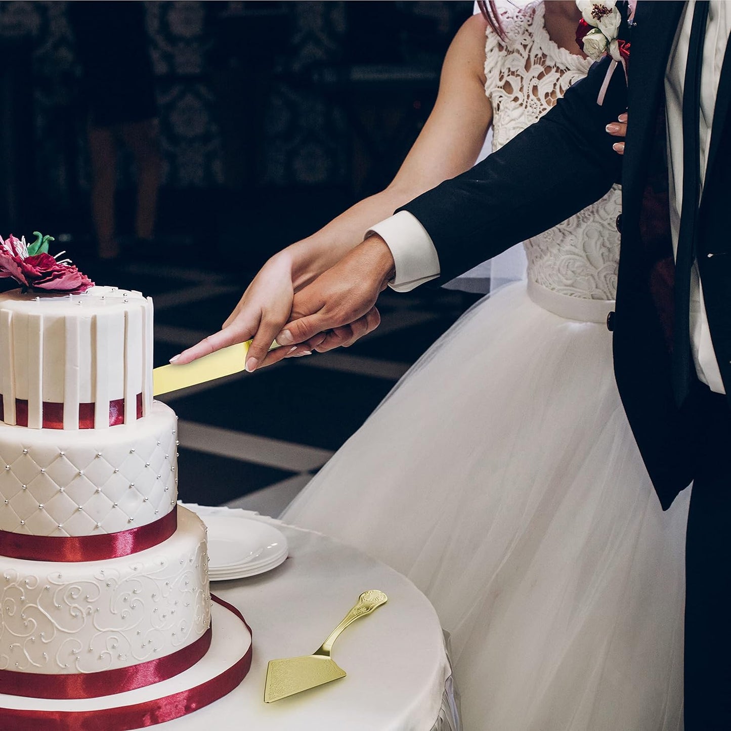 Orblue Wedding Cake Knife and Server Set - Premium, Beautifully Engraved Cutting Set - Elegant Keepsake for Newlyweds Gold