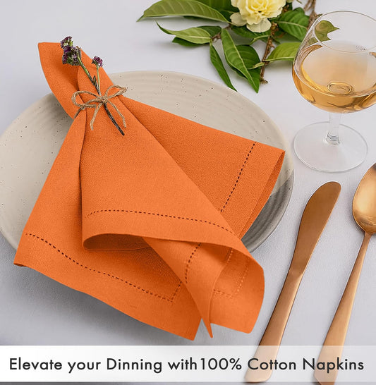 Ruvanti Cloth Napkins - 100% Cotton Dinner Napkins, Hem Stitched Corners, 18x18 Inch, 12 Pack - Soft, Absorbent, Durable, Reusable, Wrinkle Resistant for Formal Dining & Everyday Use - Orange Peel