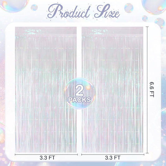 2 Pack White Iridescent Streamers Backdrop, 3.3x6.6ft Foil Fringe Curtains Silver Holographic Door Tinsel Streamers for Birthday, Wedding, Holiday, Bachelorette, Theme Party Decorations