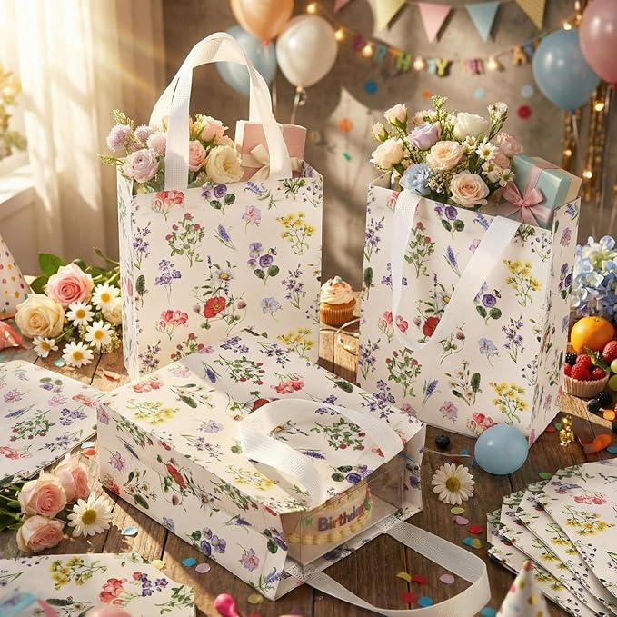 Supervitae 24 Pack Vintage Floral Theme Gift Bags Medium Wildflower Party Favor Flower Totes Reusable Non Woven Goodie Bags for Wedding Birthday Baby Shower Family Holiday Travel(9.8 x 7.9 x 3.9)
