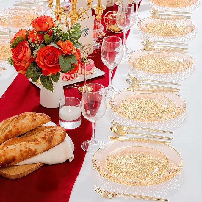 Rubtlamp 60Pcs Orange Plastic Plates, Orange Disposable Plates With Gold Rim, Hammered Plastic Plates Include 30 Dessert Platos, 30 Dinner Platos for Party