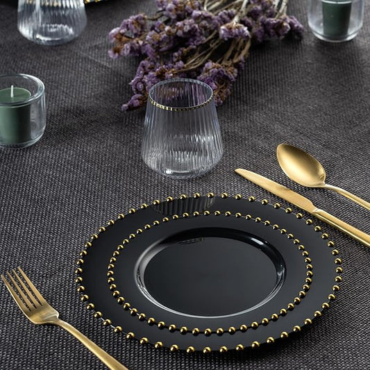 PLASTICPRO 64 Piece Combo Plastic Dinner Plates Disposable Plastic Fancy Heavy Duty Party Dishes 7 inch and 10 inch, Black and Gold Beaded