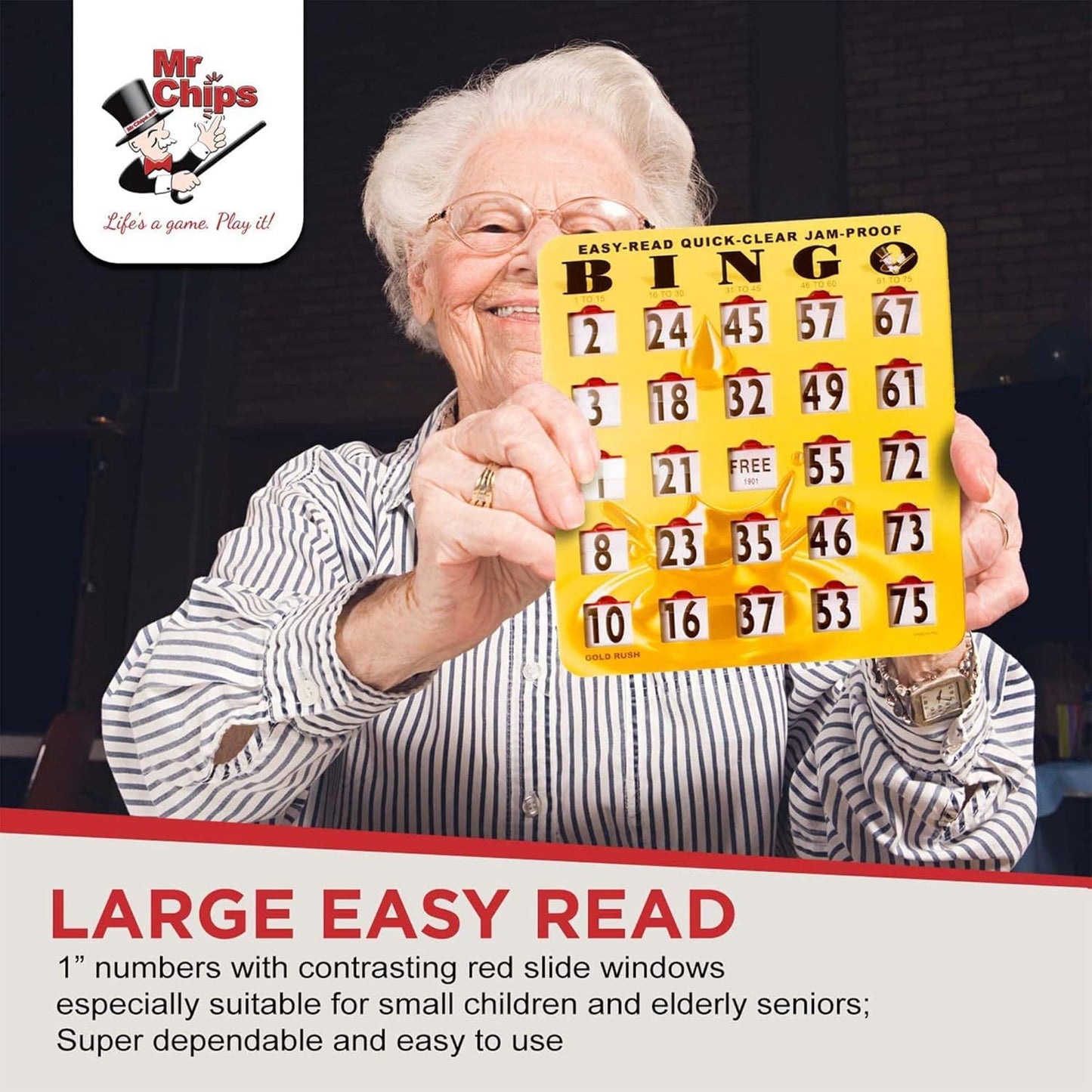 MR CHIPS Jam-Proof Easy-Read Quick-Clear Large Print Fingertip Slide Bingo Cards with Sliding Windows 200 Pack in Gold Rush Style