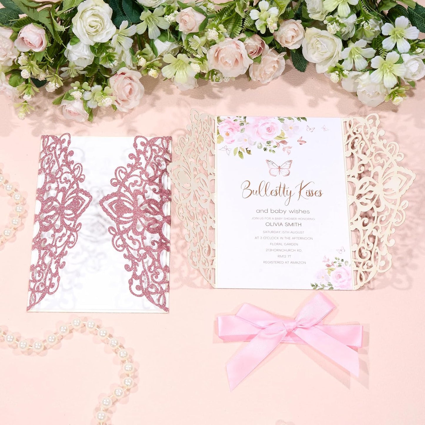 50Pcs Pink Glitter Laser Cut Wedding Invitations with Envelope and RSVP Blank Quinceanera Invitation Cards and Bow Ribbon for Bridal Baby Shower Engagement XV Anos Sweet 16 Birthday Invitation Girl