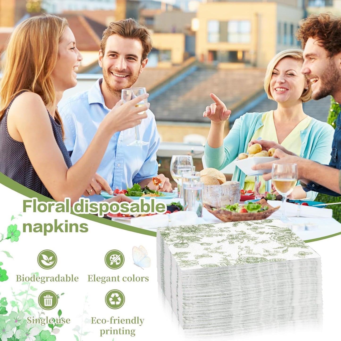 100Pcs Sage Green Floral Napkins Beverage Cocktail Napkin Disposable Green Paper Dinner Napkin Fancy Decorative Hydrangea Flower Guest Hand Towel for Wedding Bridal Baby Shower Birthday Party