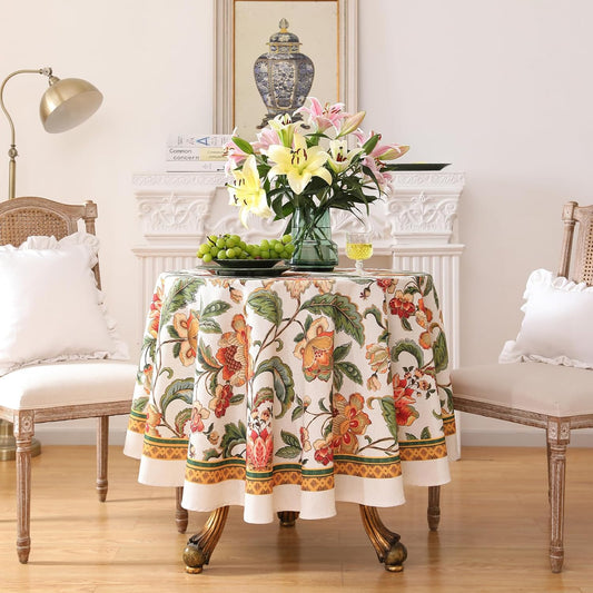 patdrea Designer Vintage Linen Round Tablecloth,Provencal Rustic Floral Pattern Tablecloths,Decorative Table Cover Cloth for Kitchen,Dining Room,Tea Party,Home,Christmas,Diameter 67"