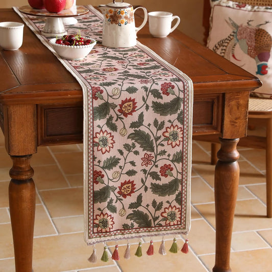 ISAENNE Designer Provence Elegant Linen Table Runner 87 Inches Long,Flower and Leaves Pattern Durable Table Runners for Dining Tables,Thanksgiving,Kitchen Tables,Christmas,12"*87"-Ratina