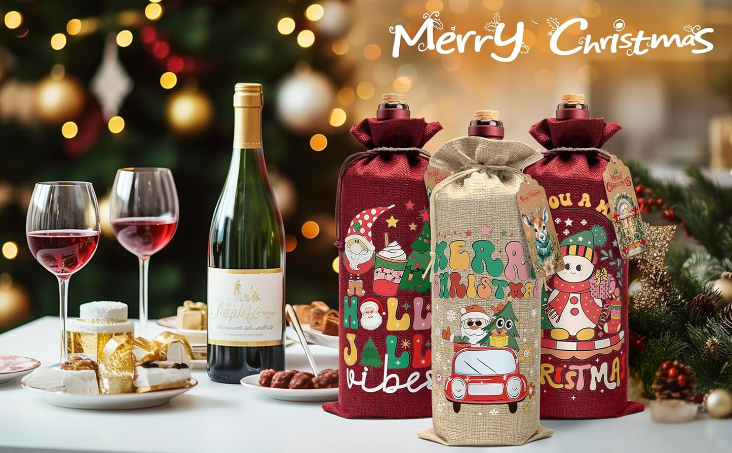 Aoonby 24PCS Burlap Wine Bags Christmas Wines Gift Bag, Drawstring Retro Christmas Bottle Cover Gift Bag w/Tag, Reusable Wines Bags for Bottles Gifts Wine Bottle Covers for Xmas Holiday Party Decor