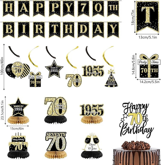 70th Birthday Decorations for Men, Black Gold Back In 1955 Birthday Banner Decorations, Vintage 70th Birthday Table Decorations, Cake Topper, Balloons, Backdrop, Sash Party Supplies for Men
