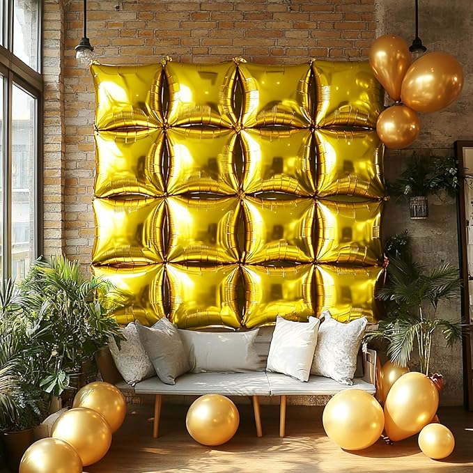 NISOCY 25PCS Black Gold Square Foil Balloons Wall Backdrop Double Sided Metallic Black Gold Balloons Arch Kit for 2026 New Year Graduation Anniversary Birthday Engagement Bridal Party Decorations