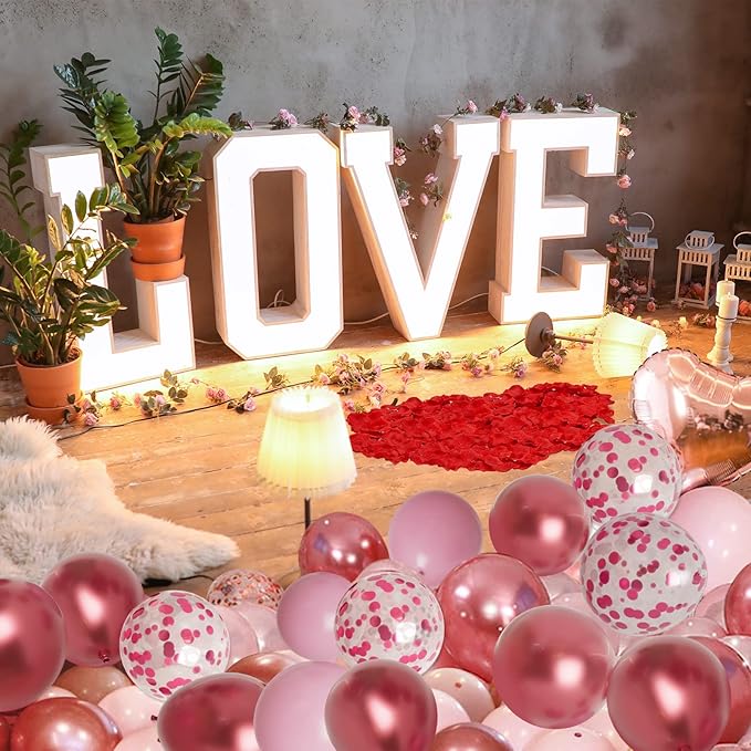 Bonropin Valentine's Day Balloons Kit with Rose Gold Pink Heart, I Love You Balloon, Rose Petals for Valentine, Anniversary, Wedding, Mother's Day, Romantic Special Night Decorations