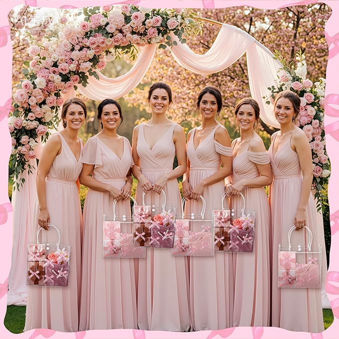 Tioncy 24 Pcs Pink Bow Clear Gift Bags with Handles Bow PVC Goodie Treat Candy Bag Bows Theme Present Wrap Tote Bags for Birthday Party Favor Weddings Decoration Bridesmaid Supply