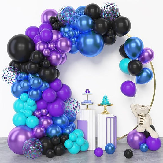 Amandir 153pcs Black Purple Blue Balloon Arch Garland Kit, Different Sizes 18 12 10 5 inch Confetti Teal Metallic Blue Purple Balloons for Video Outer Space Cat Themed Shower Birthday Party Decoration