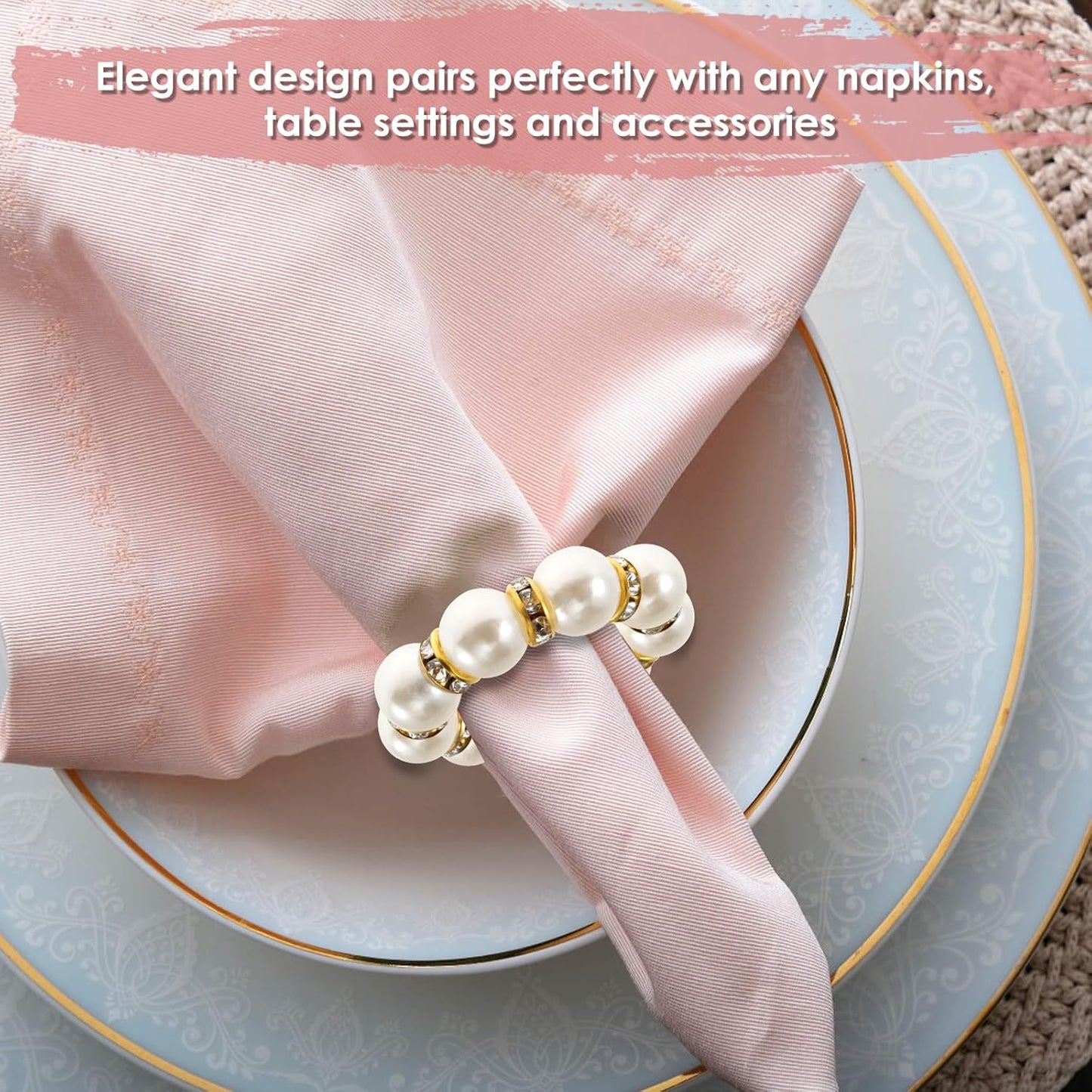 120 Pcs Gold Napkin Rings, Imitation Pearl Napkin Ring Set, Disposable White & Gold Beaded Napkins Rings for Wedding Party Home Reunion Table Decorations