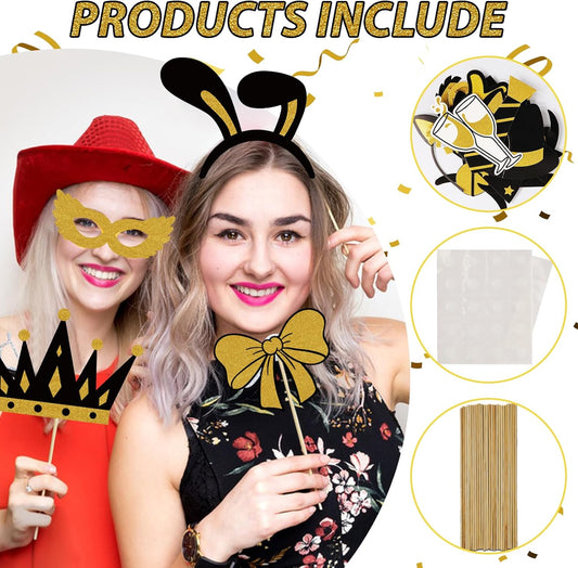 Photo Booth Props, Kaluofan 25PCS Black and Gold Party Decorations, Funny Photo Party Props Accessories for Adults and Kids, Photo Booth Props for Wedding Birthday Christmas New Year‘s Eve